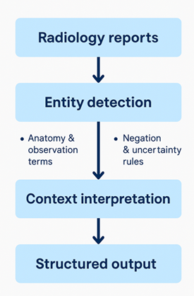 Flow chart showing the NLP flow for radiology reports. The flow is radiology reports -&gt; entity detection -> context interpretation -> structured output.