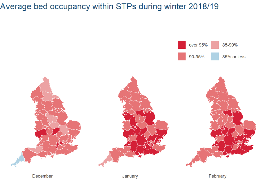 Screenshot of the England STPs maps with average bed occupancy during winter 2018/19 coloured