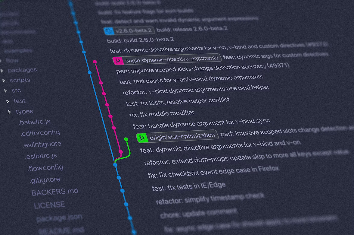 Dark screen highlighting the commit history from a Git repository.
