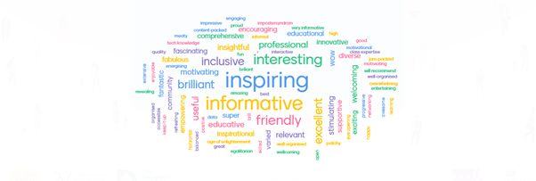 Word cloud with words inspiring, informative and friendly prominent in size