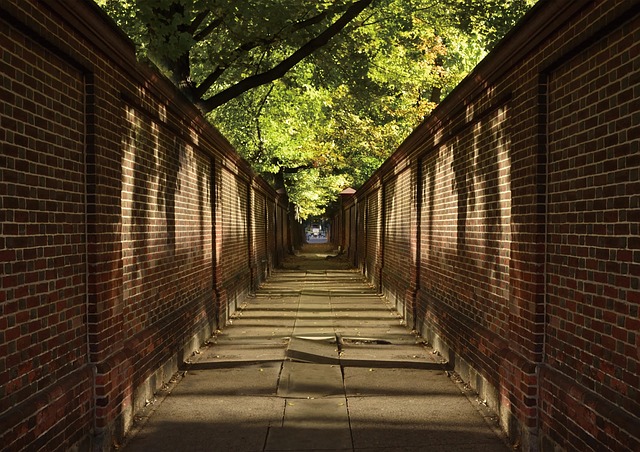 Photo of two brick walls facing each other and with perspective seem to be closer to each other at the furthest point