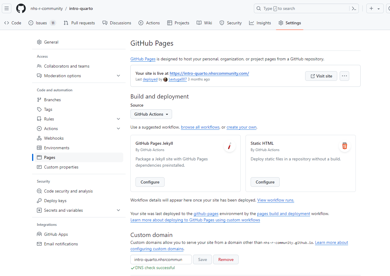 Screenshot of the settings page on GitHub