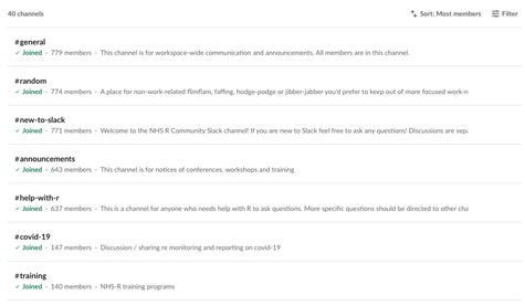 Screenshot of Slack channels including general, random, new-to-slack, help-with-r, covid19 and training