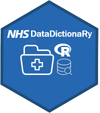 NHSDataDictionaRy hex logo which has the R logo, a file with a medical plus and a data warehouse symbol.